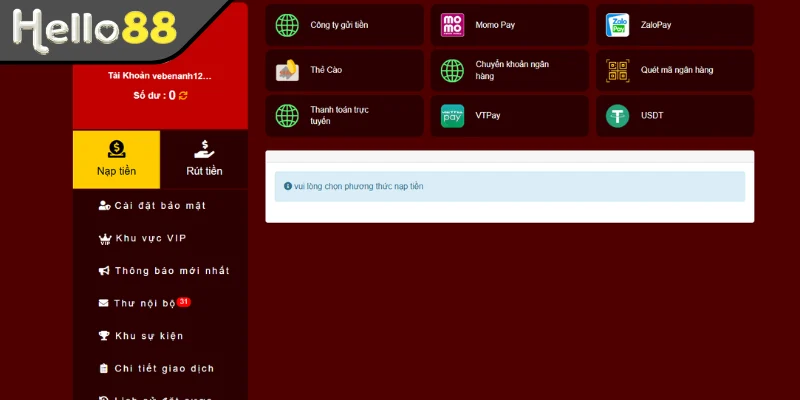 Các phương thức nạp tiền HELLO88